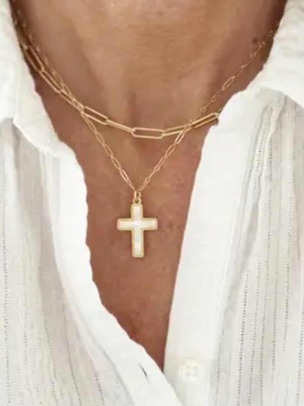 Handmade Flat Pearl Cross Necklace with 14k Gold-Filled Adjustable Chain